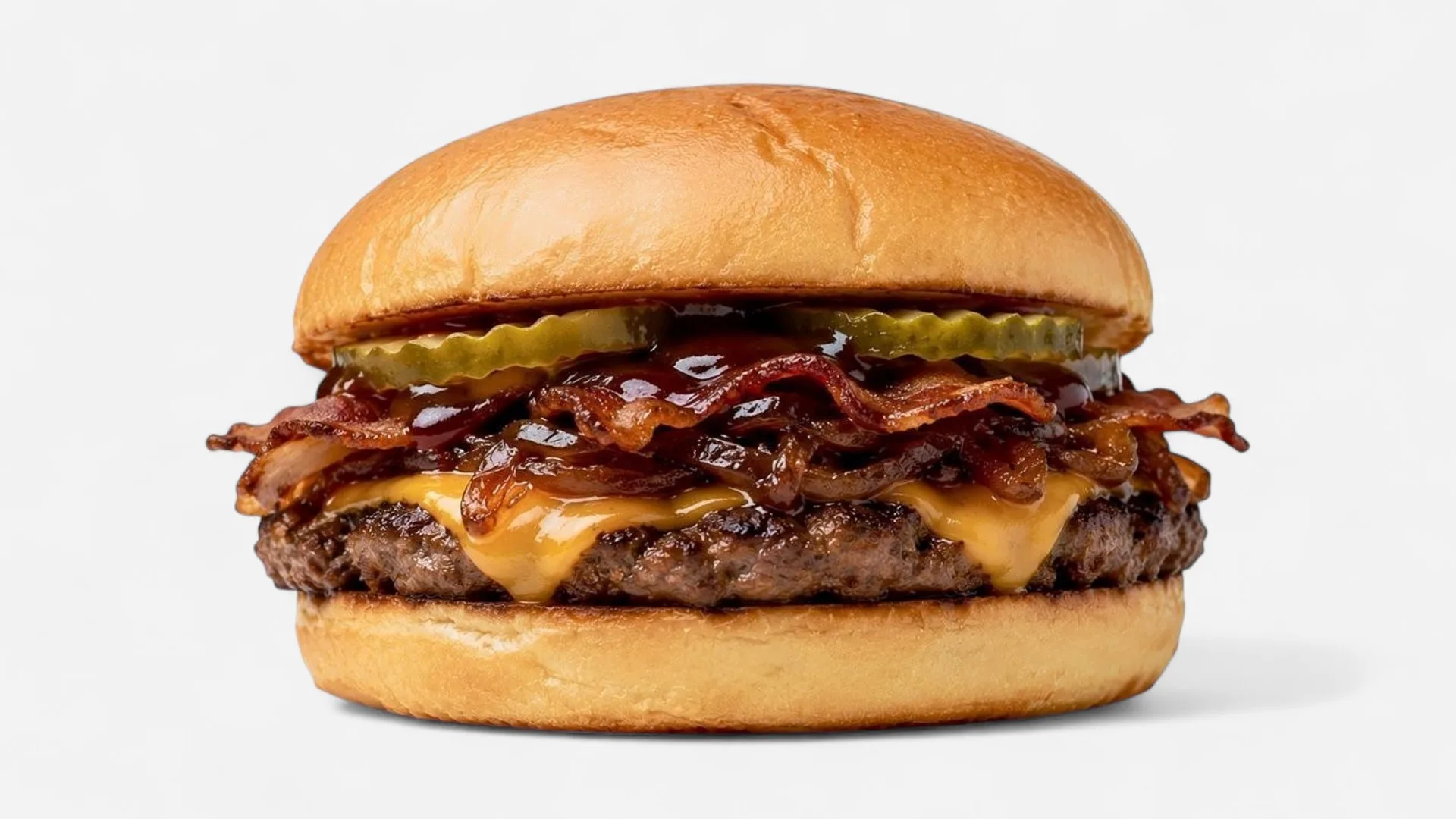 Smokehouse burger at Texas Backyard: cheddar, bacon, caramelized onions, pickles, and BBQ sauce.
